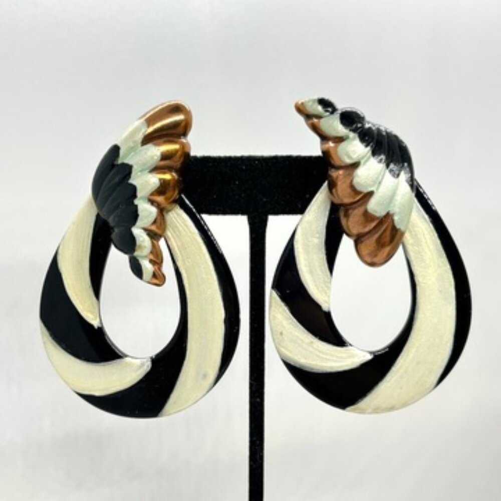 VINTAGE BETTY ASH Clip Earrings Black Cream Copper Resin Statement 80s Signed